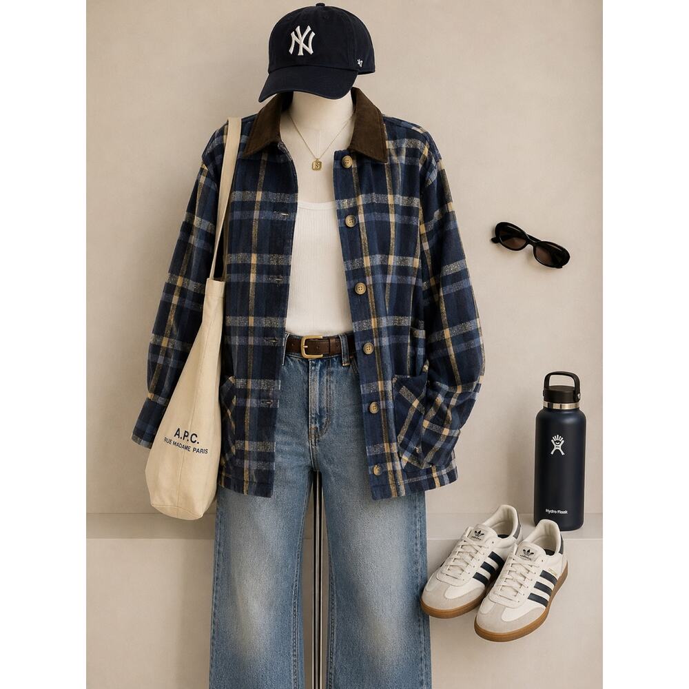 Vintage Lightweight Flannel Chore Coat Barn Jacket Plaid Cotton Blue 1X